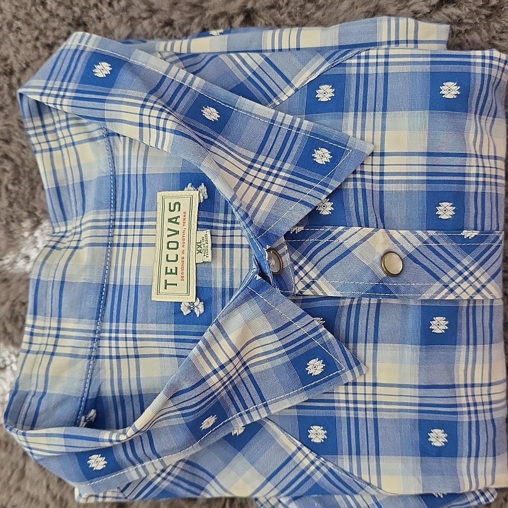 Tecovas Blue and White Checkered Casual Shirt Pearl Snap XxL - Picture 5 of 10